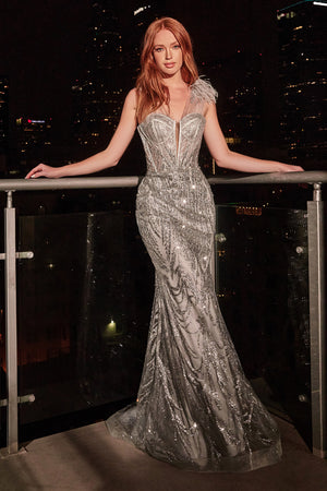 Feather and Glitter Bodice Evening Dress By Cinderella Divine CB087