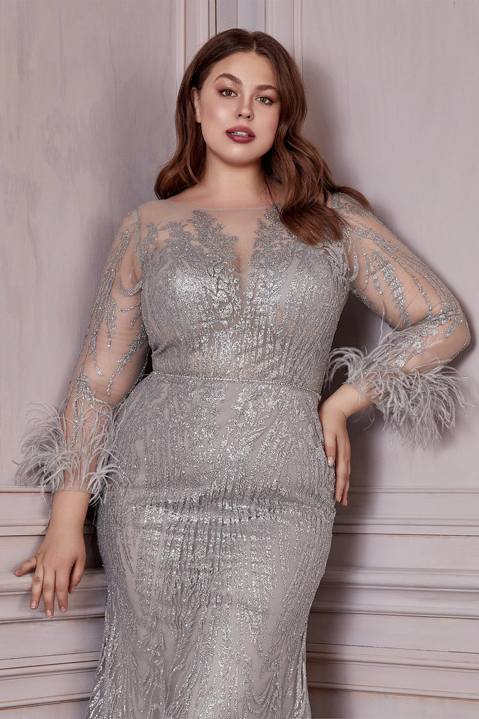Curves Fitted Long Sleeves Feathers Glitter Evening Dress Cinderella Divine CB090C