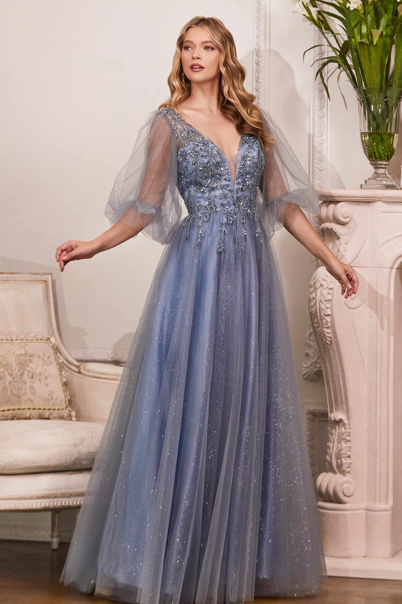Glitter Tulle Puffed Sleeves Evening Dress Cinderella Divine CD0182 Sparkly Gowns Glitter Tulle Puffed Sleeves Evening Dress Cinderella Divine CD0182 Sparkly Gowns