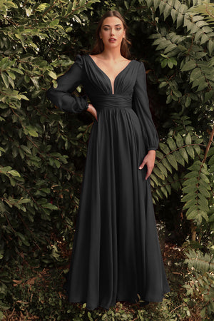 Long  Sleeves V- Neckline Chiffon Evening Dress CD0192