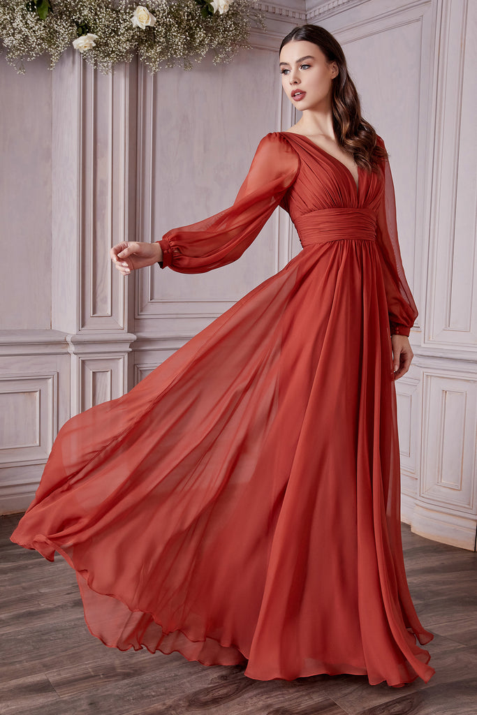 Long  Sleeves V- Neckline Chiffon Evening Dress CD0192