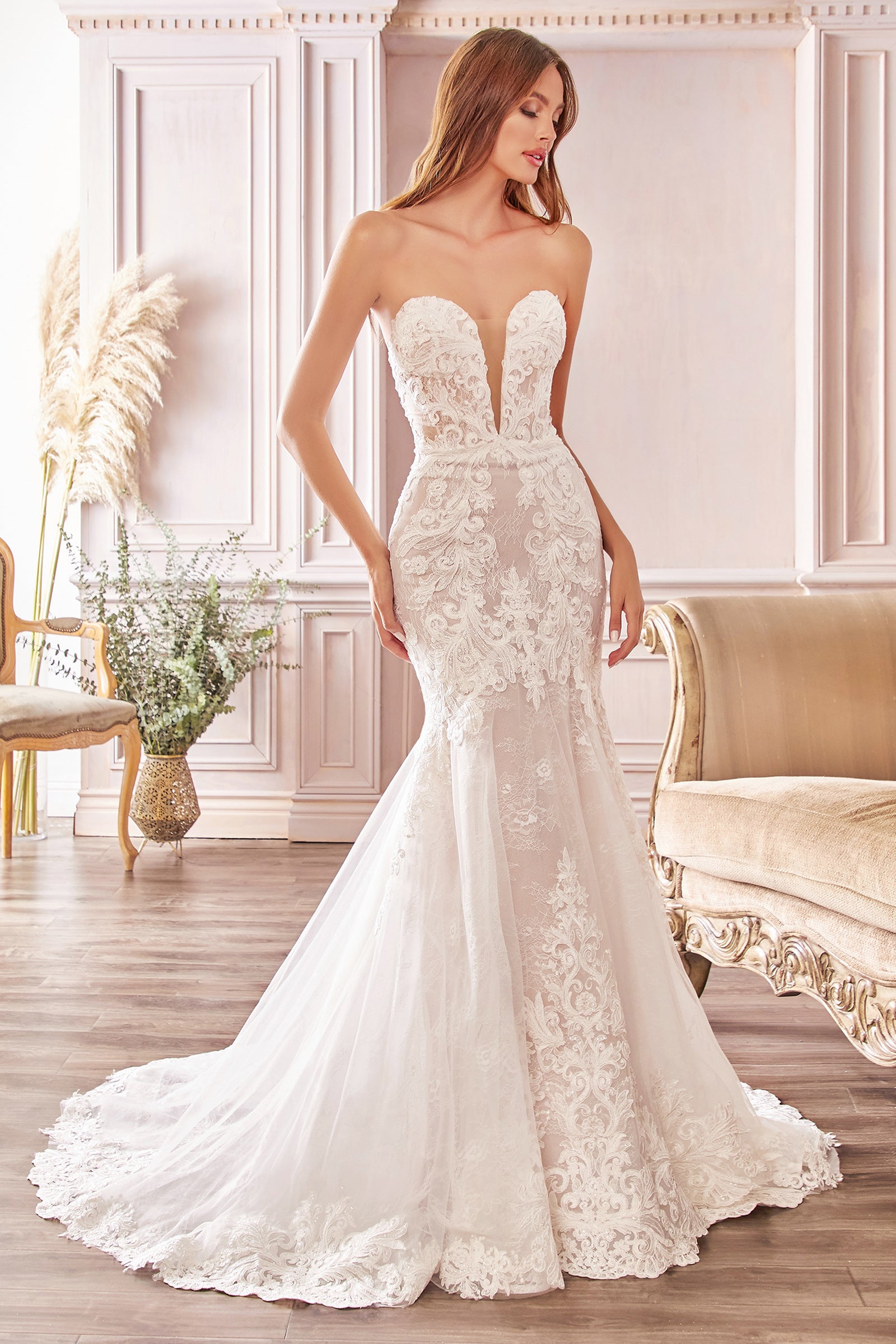 Strapless Lace Mermaid Scalloped Train Wedding Gown CD928 – Sparkly Gowns