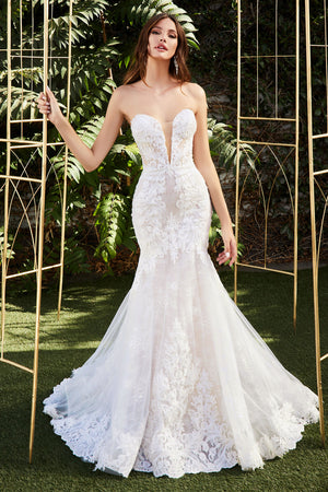 Vestido de novia de cola festoneada de sirena de encaje sin tirantes CD928