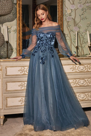 Off Shoulder Long Sleeves or Strapless Evening Gown Divine CD978