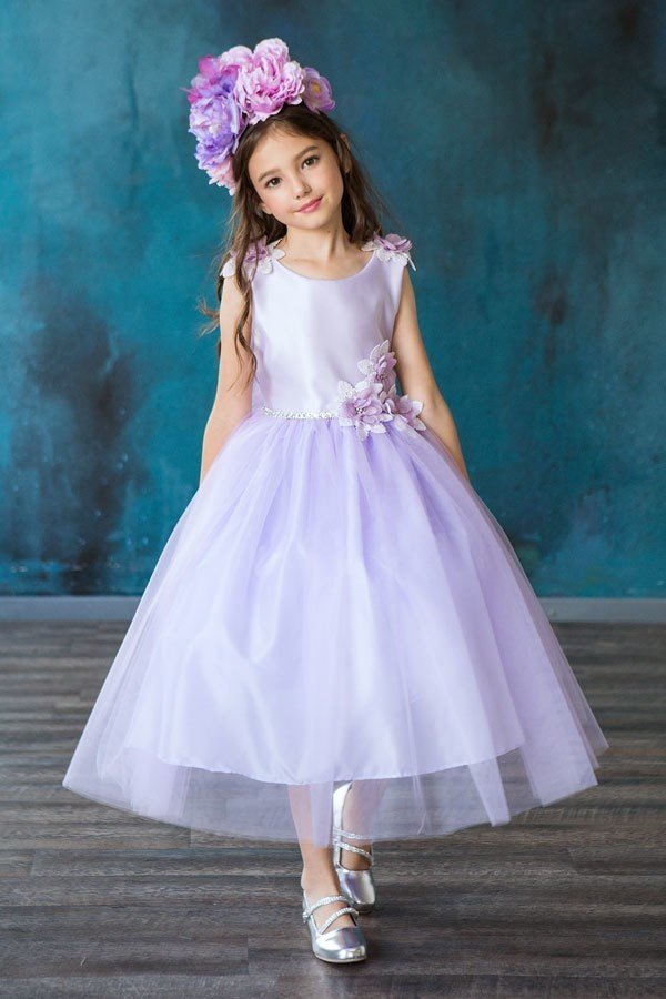 Satin Flower Bodice with Tulle Flower Girl Dress D-802 12 / Lilac (lavender) Satin Flower Bodice with Tulle Flower Girl Dress D-802 12 / Lilac (lavender)
