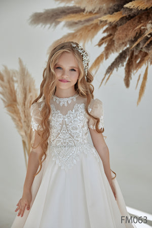 Rich Embroidered Corset Short Sleeves First Communion Gown FM063