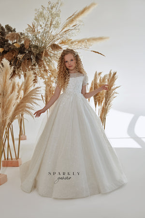 Sparkle Tulle Short Sleeves First Communion Girl Ball Gown FM069