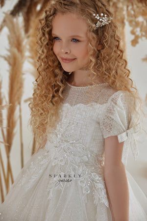 Sparkle Tulle Short Sleeves First Communion Girl Ball Gown FM069