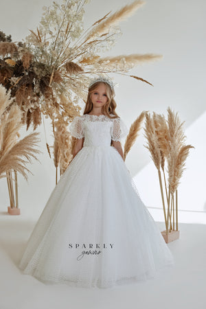 Swiss Dotted Tulle  First Communion Girl Ball Gown FM071