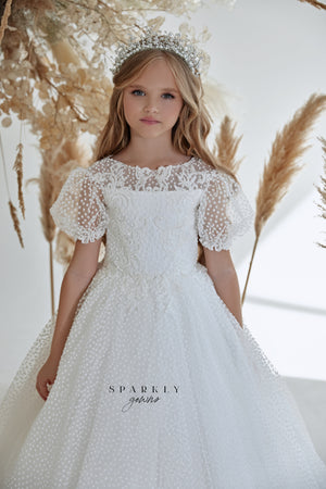 Swiss Dotted Tulle  First Communion Girl Ball Gown FM071