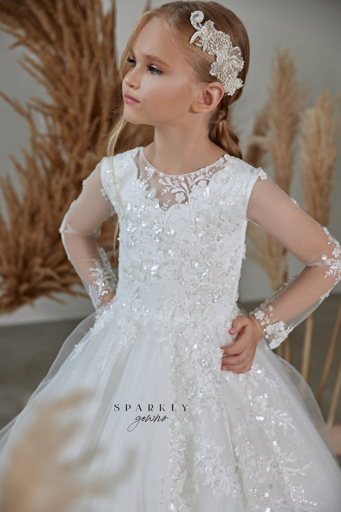 Long Sleeves Sequin Embellishment First Communion Girl Gown FM077