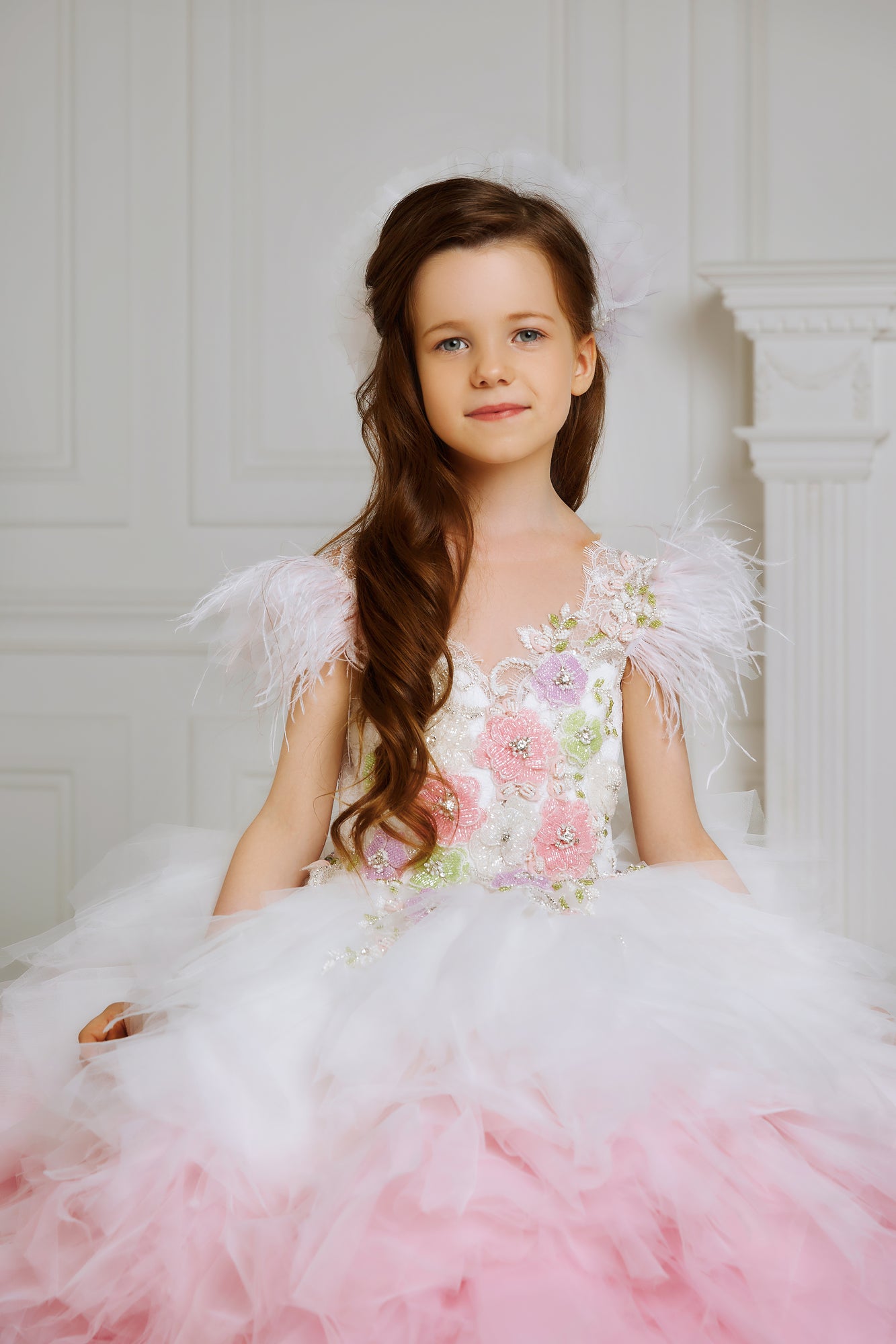 Childrens Girls Elegant Formal Sequin Embroidered Pageant Dress