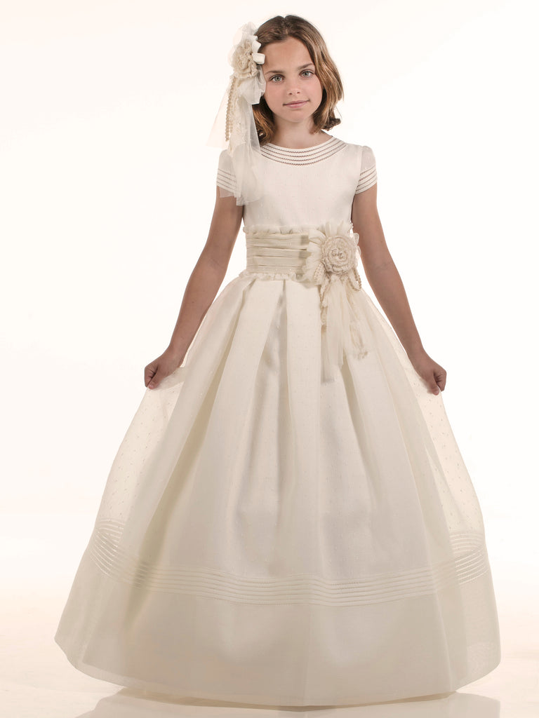 Classic Spanish Style Rustic Fabric Skirt Cape Sleeves Beige Stripes Communion Gown Devota & Lomba H345 Pre-order 11 / As in the photo Beige Classic Spanish Style Rustic Fabric Skirt Cape Sleeves Beige Stripes Communion Gown Devota & Lomba H345 Pre-order 11 / As in the photo Beige