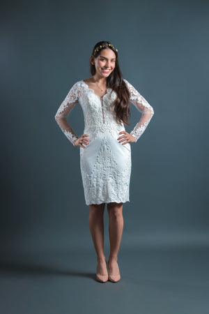 Long Sleeves V Neckline Knee-Length Civil Wedding Dress Belle