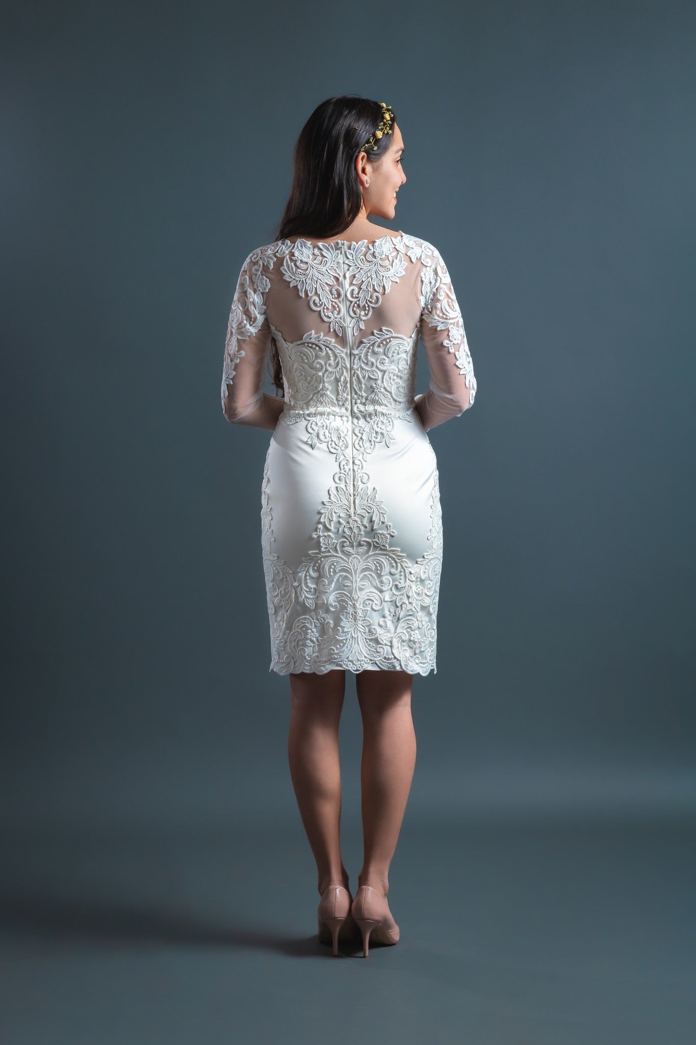 Long Sleeves V Neckline Knee-Length Civil Wedding Dress Belle 4 / Ivory Long Sleeves V Neckline Knee-Length Civil Wedding Dress Belle 4 / Ivory
