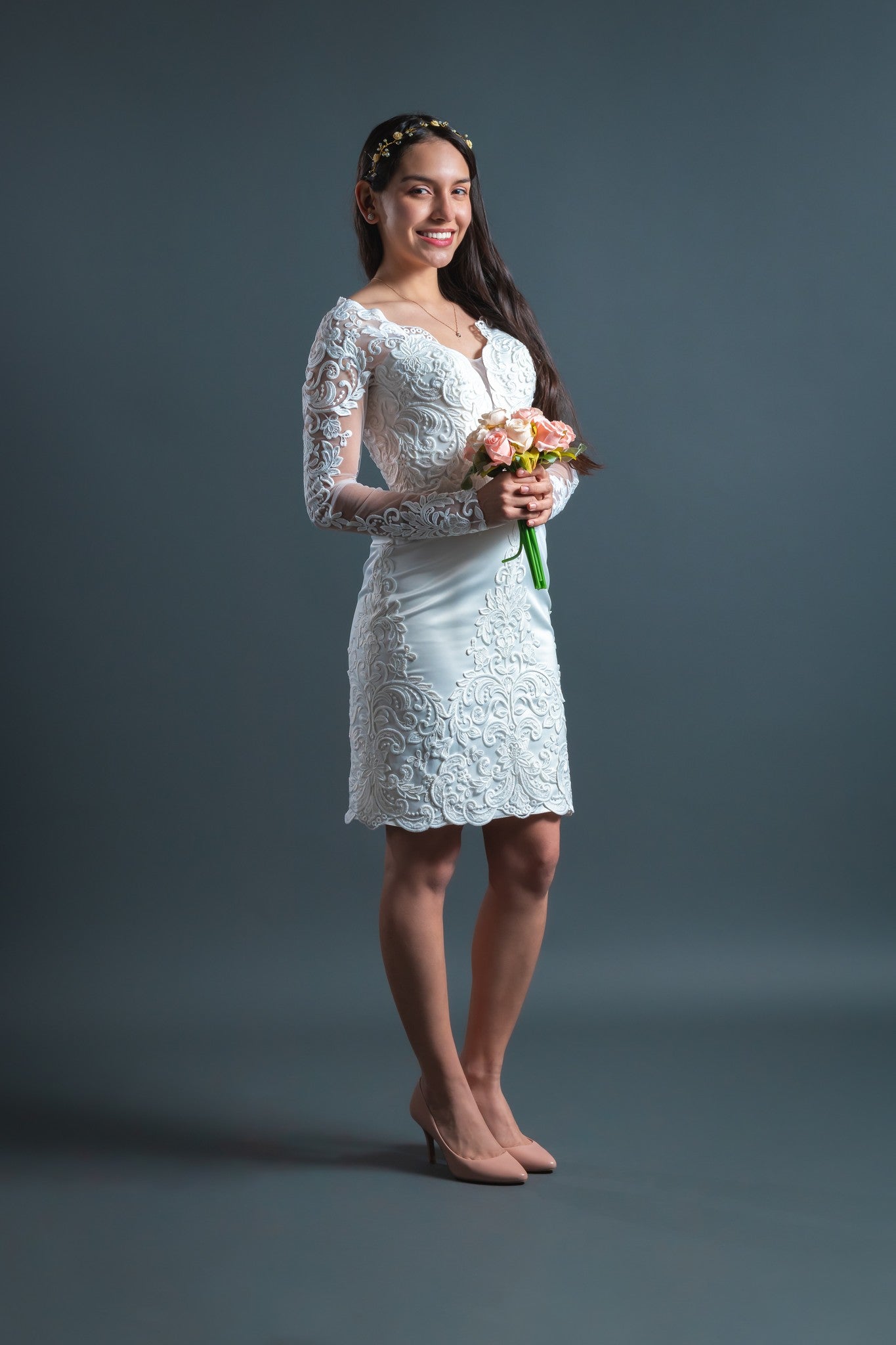 Long Sleeves V Neckline Knee-Length Civil Wedding Dress Belle 4 / Ivory Long Sleeves V Neckline Knee-Length Civil Wedding Dress Belle 4 / Ivory