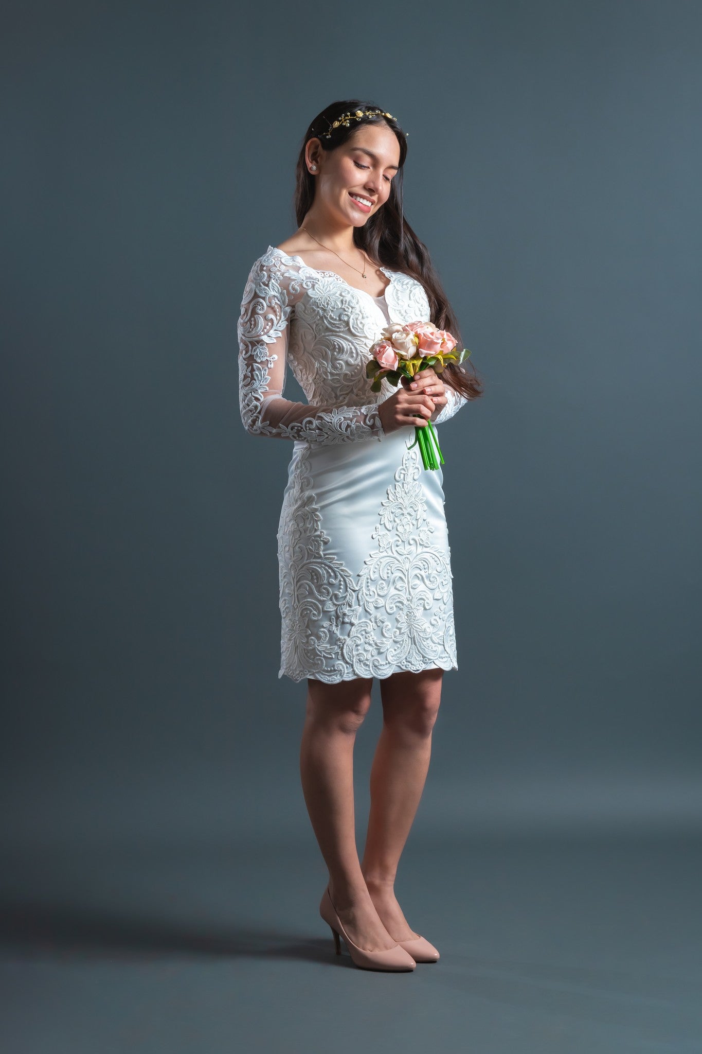 Long Sleeves V Neckline Knee-Length Civil Wedding Dress Belle 4 / Ivory Long Sleeves V Neckline Knee-Length Civil Wedding Dress Belle 4 / Ivory