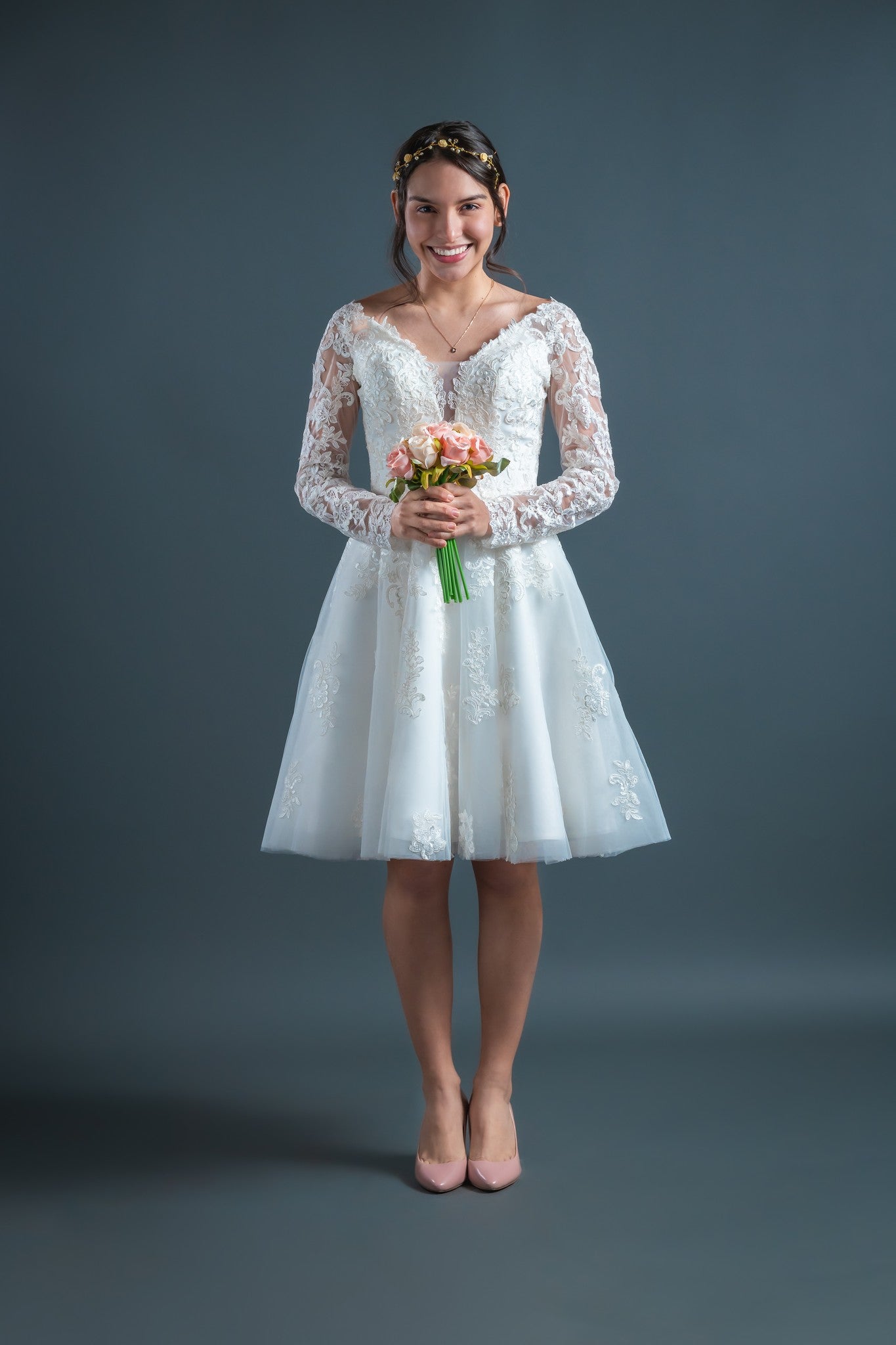 In Stock Size 6 Long Sleeves V-Neckline Knee Length Wedding Dress #4 Custom Size / Knee-Length / Ivory