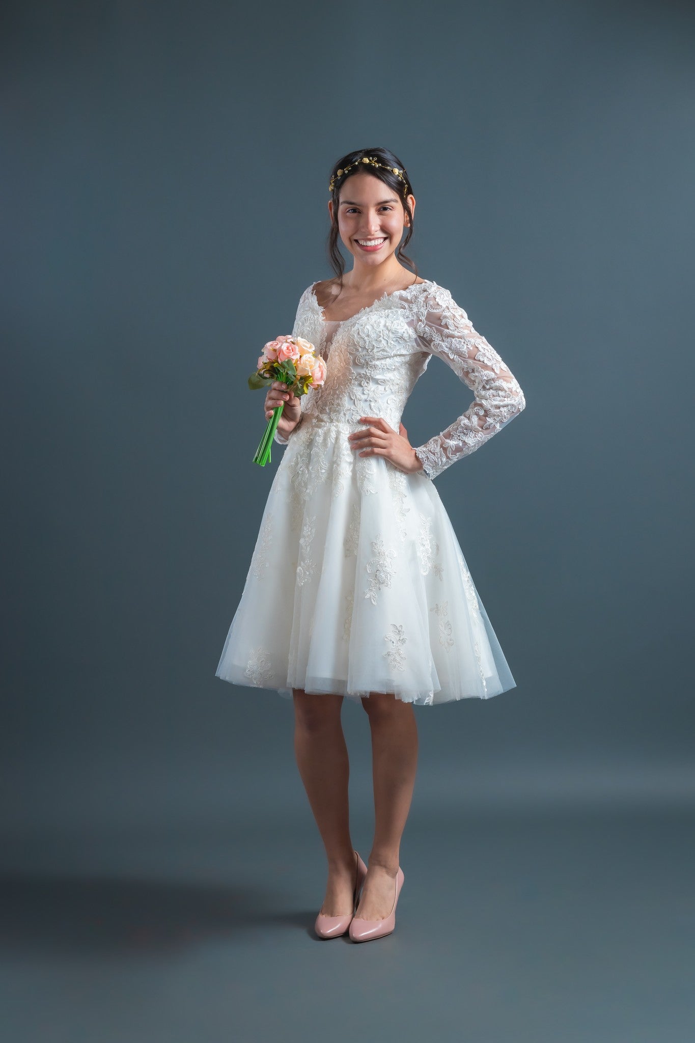 In Stock Size 6 Long Sleeves V-Neckline Knee Length Wedding Dress #4 Custom Size / Knee-Length / Ivory In Stock Size 6 Long Sleeves V-Neckline Knee Length Wedding Dress #4 Custom Size / Knee-Length / Ivory