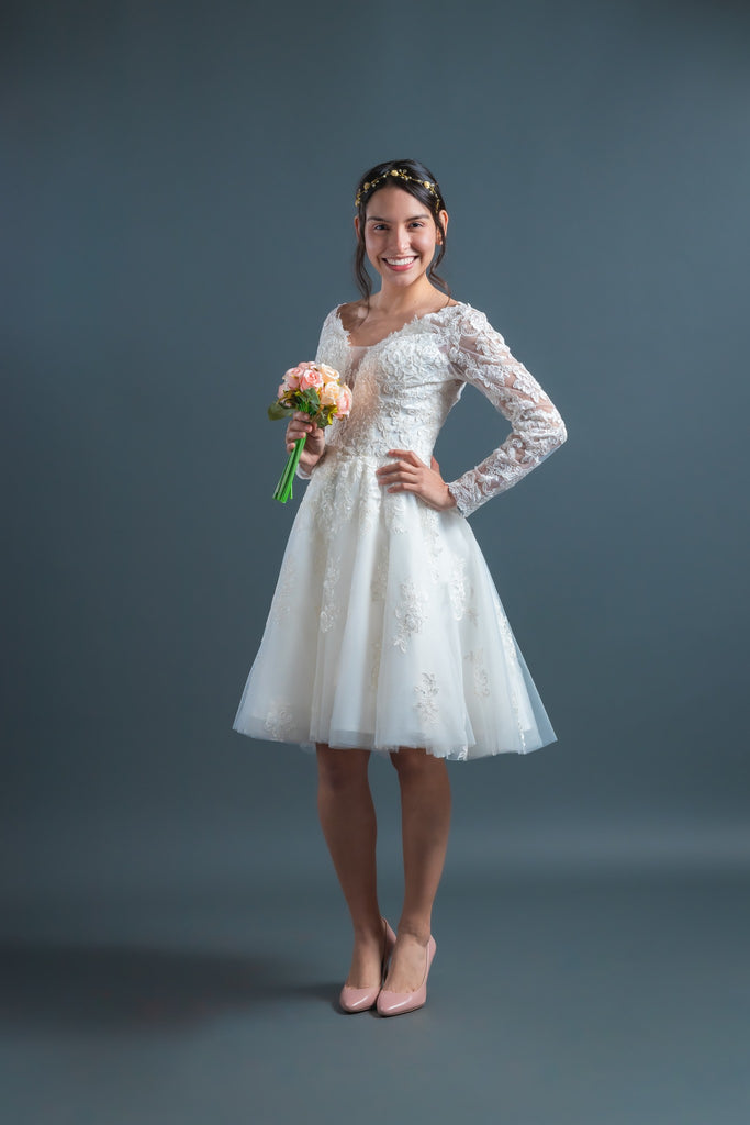 In Stock Size 6 Long Sleeves V-Neckline Knee Length Wedding Dress #4 Custom Size / Knee-Length / Ivory In Stock Size 6 Long Sleeves V-Neckline Knee Length Wedding Dress #4 Custom Size / Knee-Length / Ivory