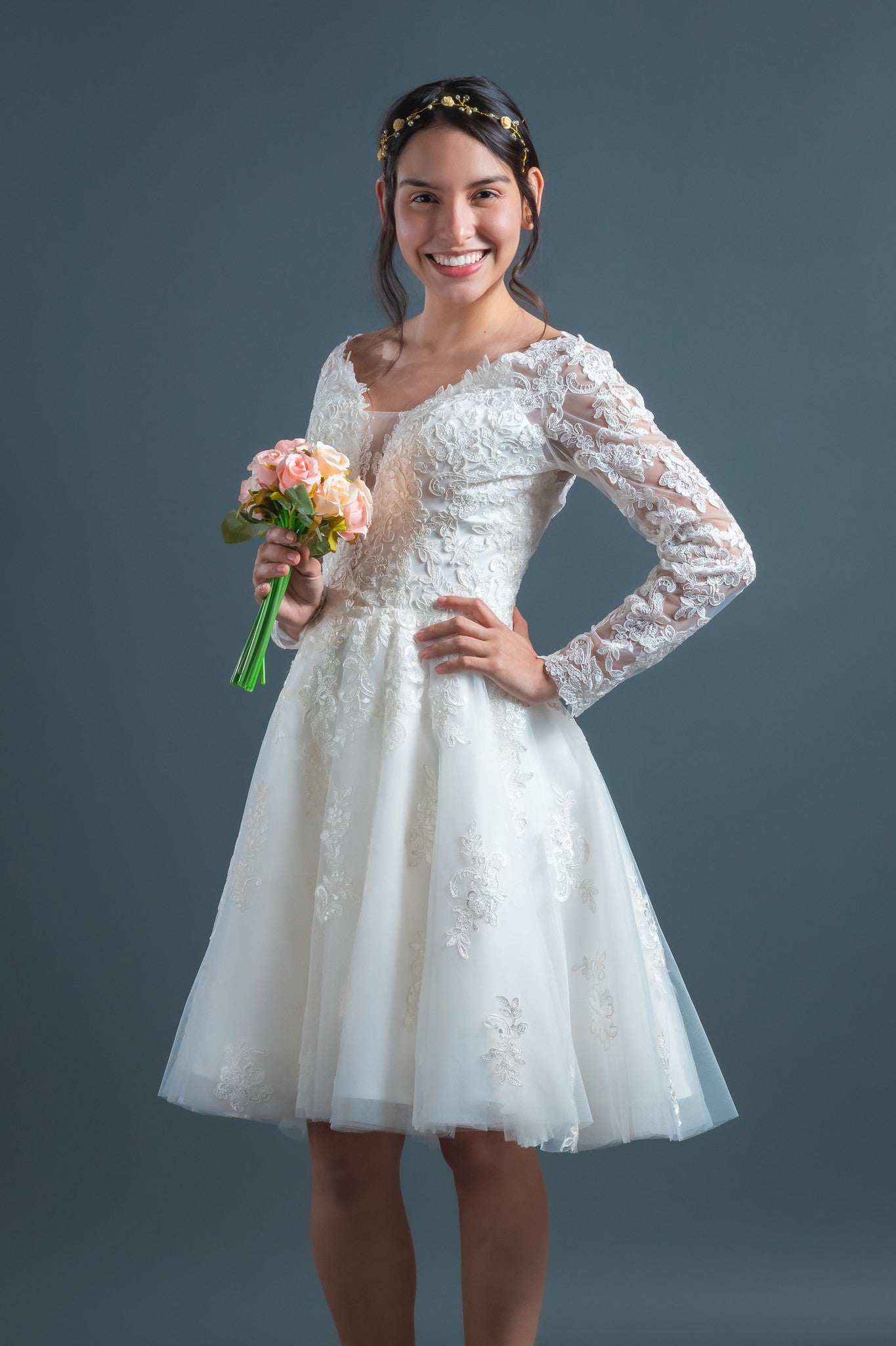 In Stock Size 6 Long Sleeves V-Neckline Knee Length Wedding Dress #4 Custom Size / Knee-Length / Ivory In Stock Size 6 Long Sleeves V-Neckline Knee Length Wedding Dress #4 Custom Size / Knee-Length / Ivory