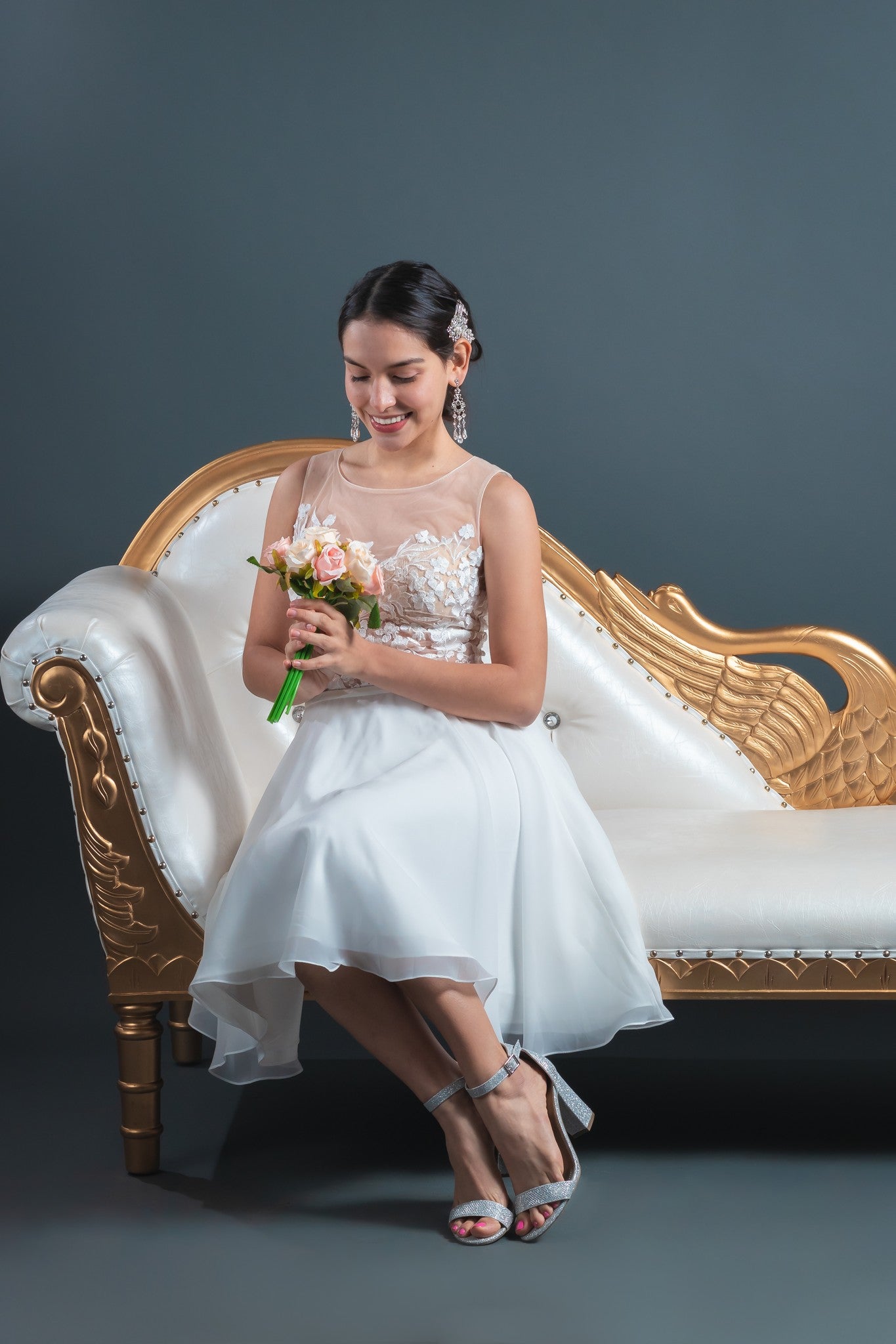 In Stock Size 8 Flowers Appliques Nude Mesh Chiffon Knee Length Wedding Dress JA9643 10 / Ivory / Knee-Length In Stock Size 8 Flowers Appliques Nude Mesh Chiffon Knee Length Wedding Dress JA9643 10 / Ivory / Knee-Length