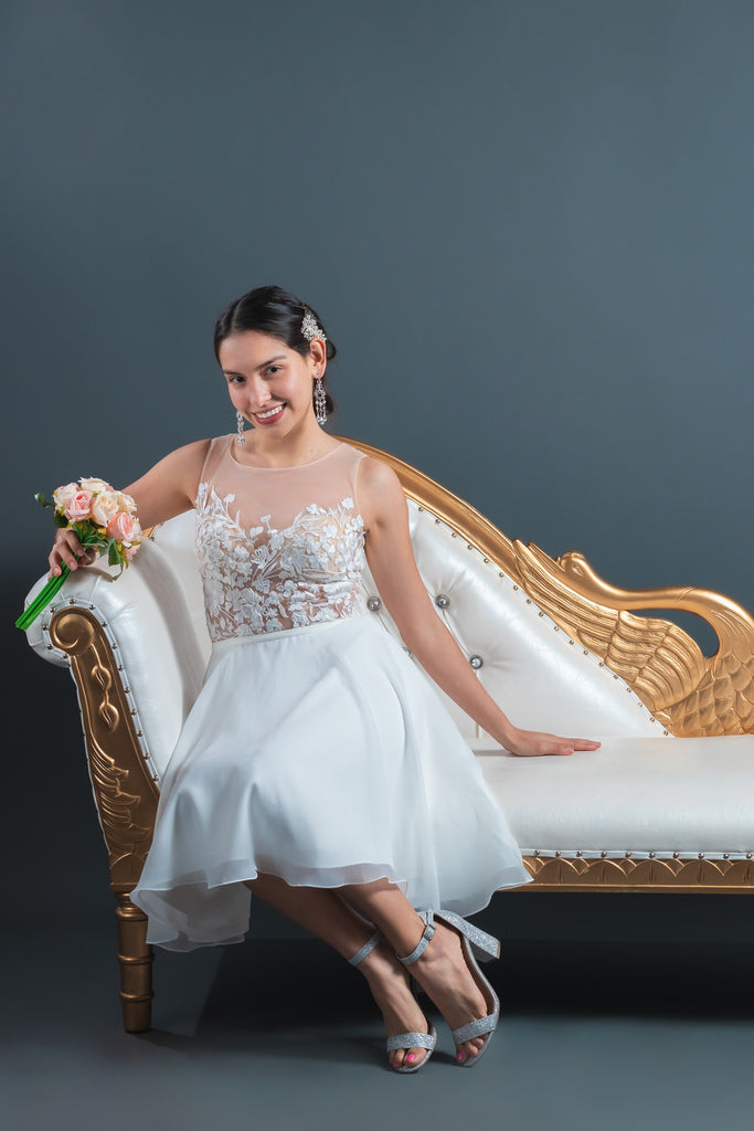 In Stock Size 8 Flowers Appliques Nude Mesh Chiffon Knee Length Wedding Dress JA9643 10 / Ivory / Knee-Length In Stock Size 8 Flowers Appliques Nude Mesh Chiffon Knee Length Wedding Dress JA9643 10 / Ivory / Knee-Length