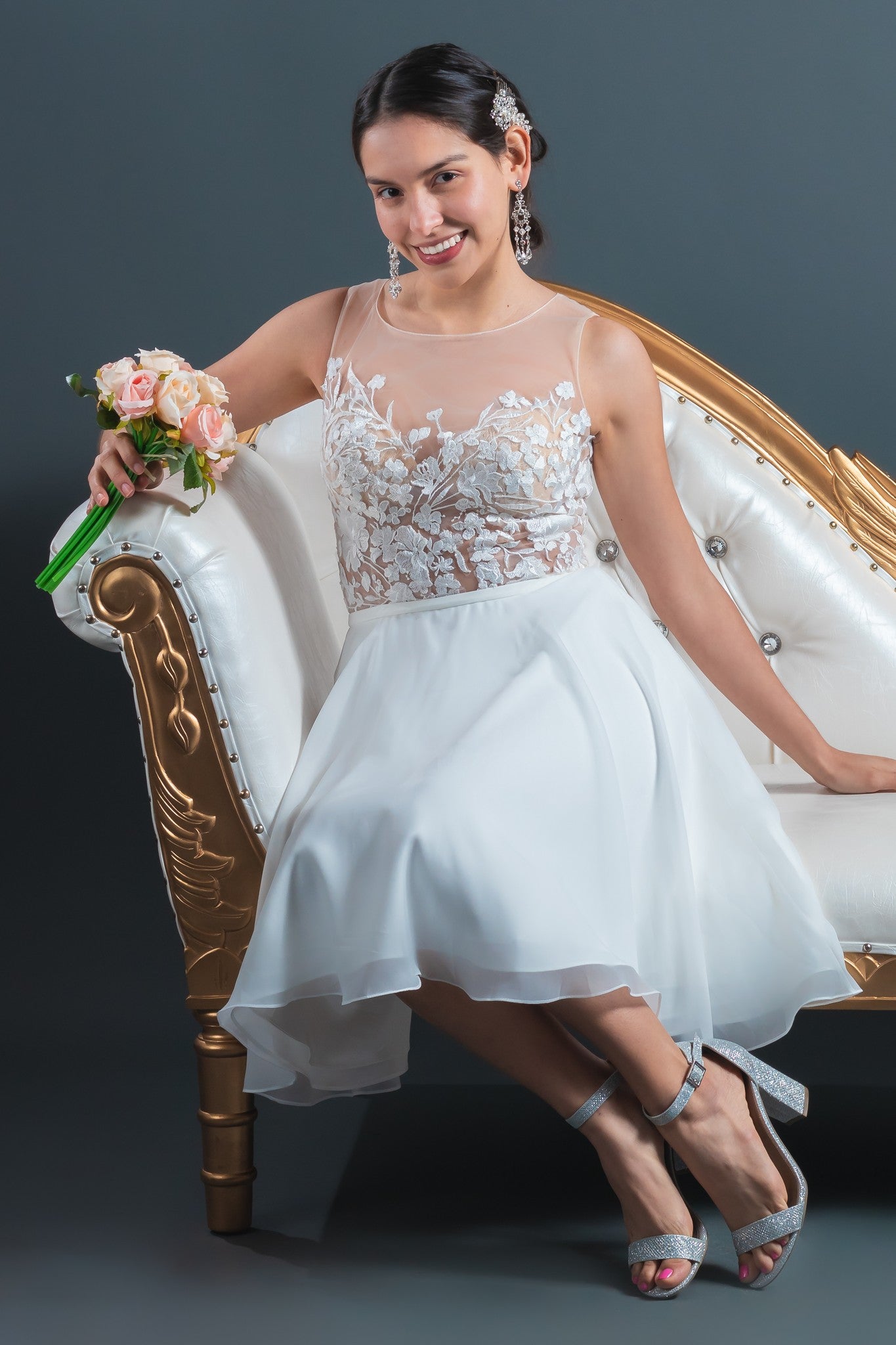 In Stock Size 8 Flowers Appliques Nude Mesh Chiffon Knee Length Wedding Dress JA9643 10 / Ivory / Knee-Length In Stock Size 8 Flowers Appliques Nude Mesh Chiffon Knee Length Wedding Dress JA9643 10 / Ivory / Knee-Length