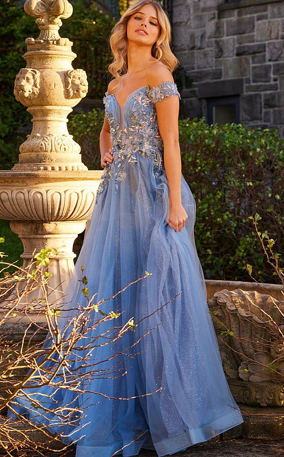 Off the Shoulder Floral Appliques Prom Gown By Jovani 23698 6 / SkyBlue Off the Shoulder Floral Appliques Prom Gown By Jovani 23698 6 / SkyBlue