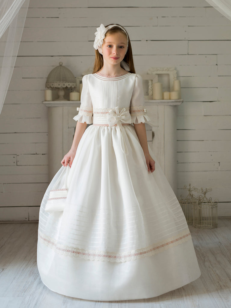 Vestido Comunión Español Elegante Manga Francesa Rayas Beige Marla K198 Vestido Comunión Español Elegante Manga Francesa Rayas Beige Marla K198
