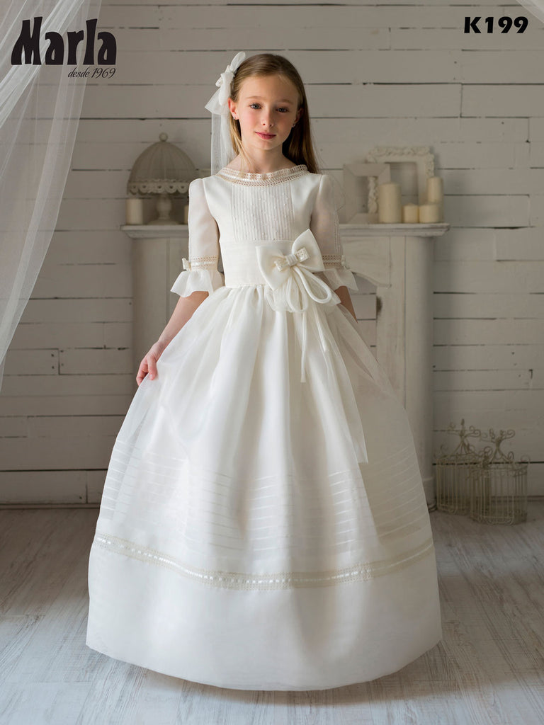 Elegant French Sleeves Beige Stripes Spanish Communion Gown Marla K199 Pre-order 115/10 / As the picture (Beige) / No Elegant French Sleeves Beige Stripes Spanish Communion Gown Marla K199 Pre-order 115/10 / As the picture (Beige) / No