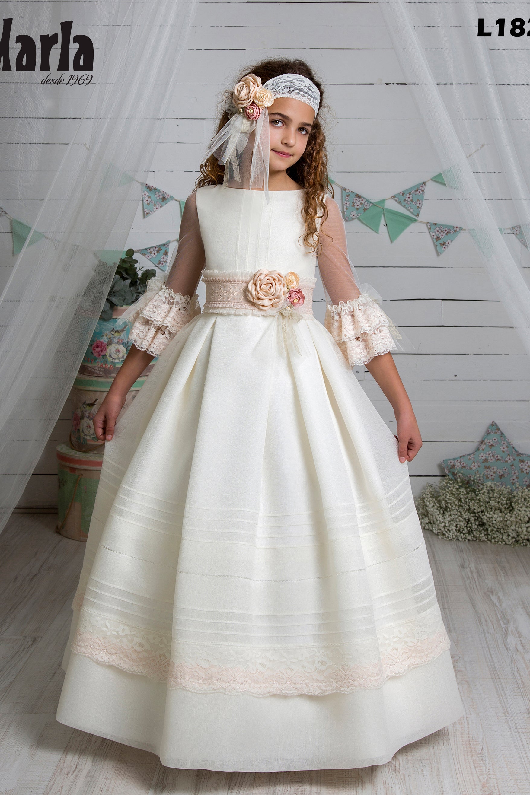 Classy Rustic Fabric Skirt French Sleeves Beige Stripes Spanish Communion Gown Marla L182 Pre-order 7 / As in the photo (Rose/Beige) Classy Rustic Fabric Skirt French Sleeves Beige Stripes Spanish Communion Gown Marla L182 Pre-order 7 / As in the photo (Rose/Beige)