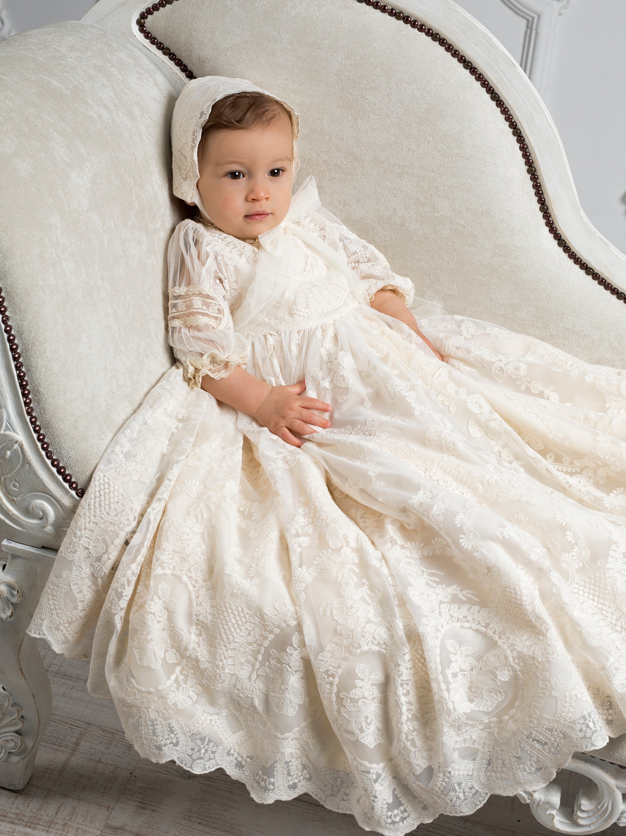 Spanish Unisex Baby Christening Gown with Bonnet M208 18 months / Beige / No thanks Spanish Unisex Baby Christening Gown with Bonnet M208 18 months / Beige / No thanks