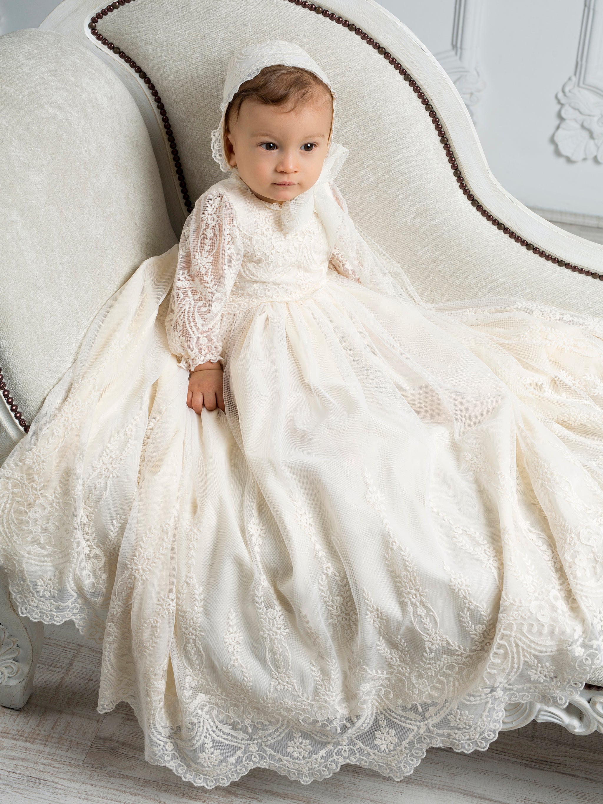 White silk christening dress BS8119, matching pants & mob cap from Little  Darlings