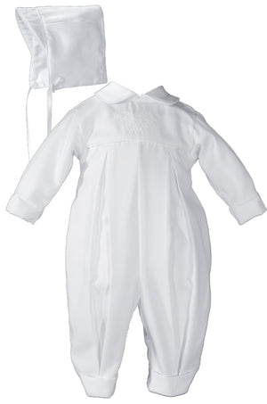Boys Pleated  Coverall with Embroidered Shamrock Cluster and Hat Christening Baptism