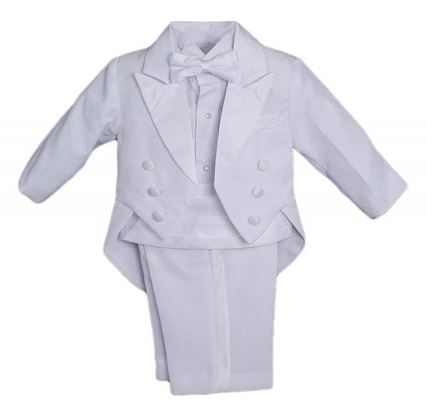 Baby Boys Formal White Poly Cotton 5 Piece Classic Tux Set with Tail Christening Baptism Boy