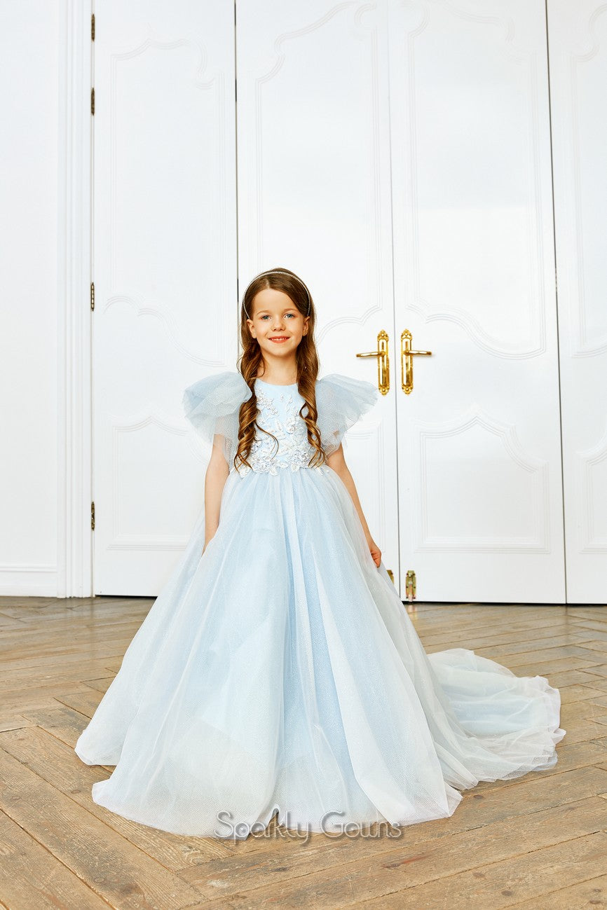 Light Blue Flower Girl Tulle Organza Ball Gown