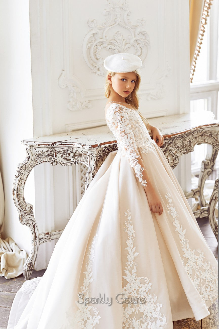 Bridal Quality Lace Sleeves Luxury Princess Ball Gown First Communion Flower Girl Dress 21057 Pre-Order 11 Years / Cappuccino Bridal Quality Lace Sleeves Luxury Princess Ball Gown First Communion Flower Girl Dress 21057 Pre-Order 11 Years / Cappuccino
