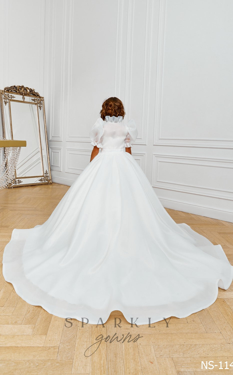 elegant first holy communion dresses Ball Gown Dress 21114 Pre-order 10 years / Ivory Cream Floral Printed Interlock Junior Bridesmaid dress Wedding Dresses With Color With Long Train Size:10.