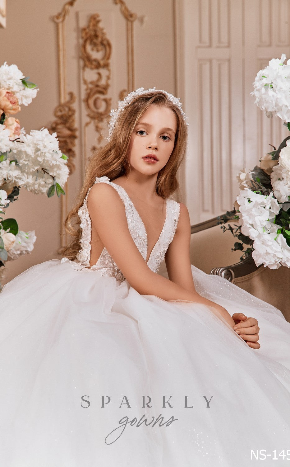 First Communion Princess Dress for Girls with Lace Round Neck Sleevele –  Avadress