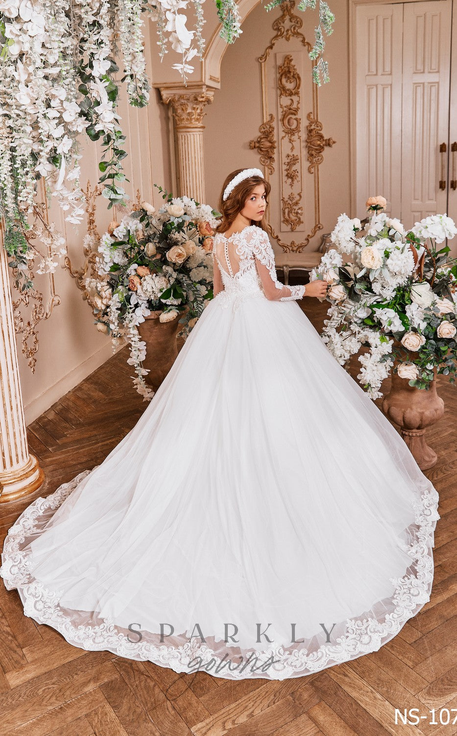 Long Sleeves Ball Gown Flower First Communion Dress 21107 Pre-Order 9 Years / As in The Picture (Ivory)