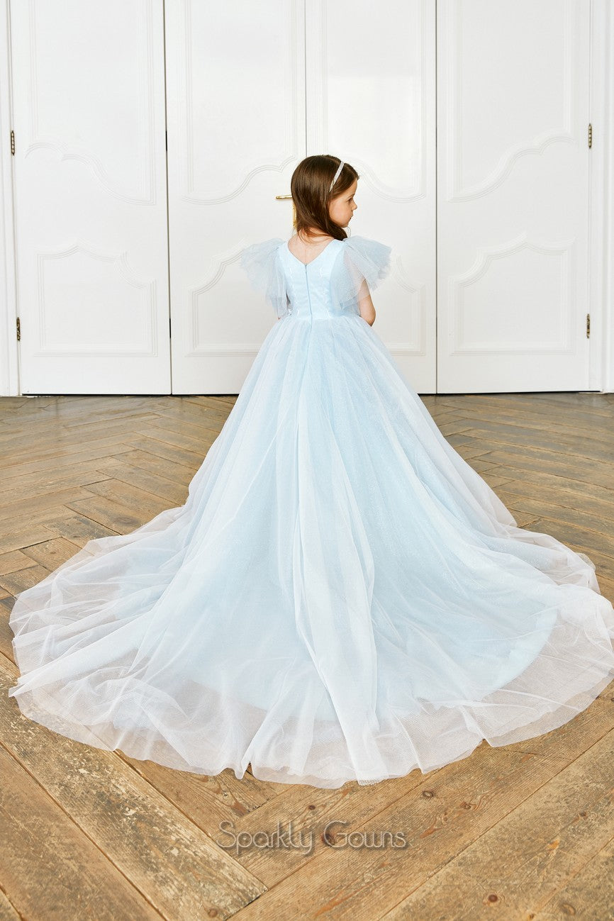 Glamorous Ice Blue A-Line V-Neck Evening Dress Tulle Full-Length Applique  Bowknot Prom Party Dress Vestido de festa Dubai Formal - AliExpress