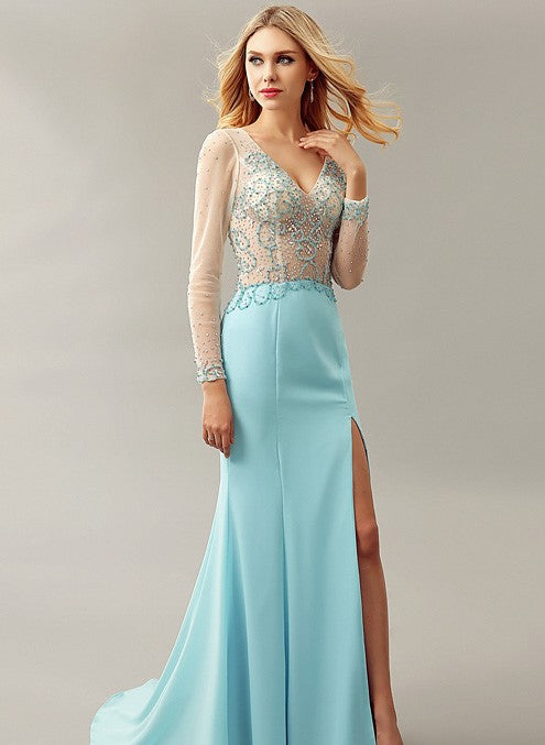 Dress On Sale Blue Sheer Beaded Mermaid with Long Sleeves Size 6