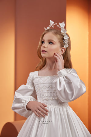 Vestido de niña de flores de primera comunión con mangas largas abullonadas PR108