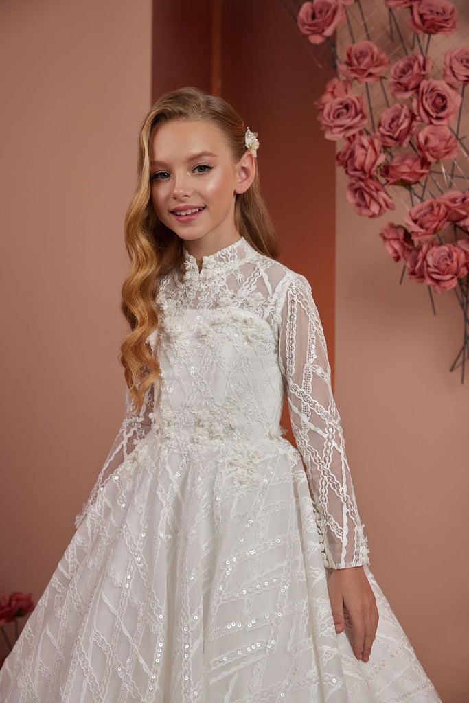 Long Sleeves First Communion Flower Girl Ball Gown PR113