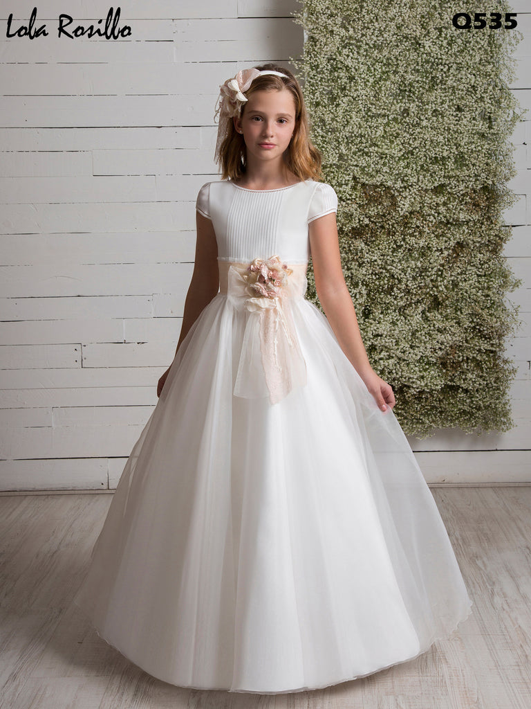 Short Sleeves White or Ivory Blush Appliques Chiffon Spanish Communion Gown Lola Rosillo Q535 Pre-order 12 / (As in the photo) Ivory / No headband