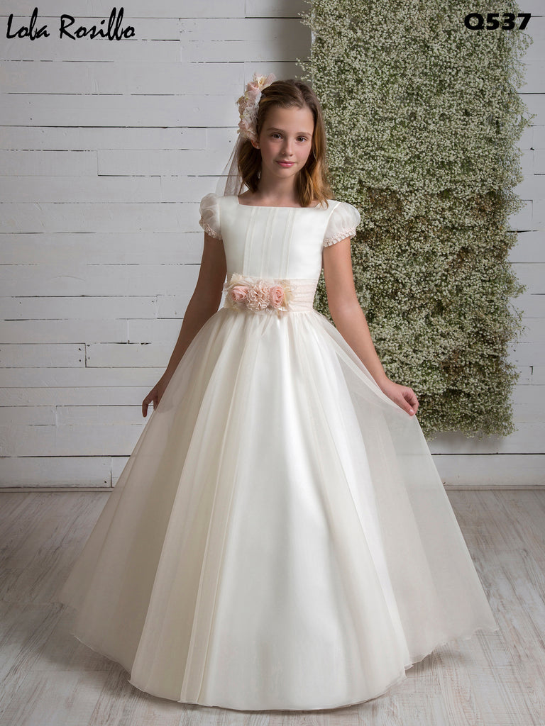 Short Sleeves White Chiffon Spanish Communion Gown Lola Rosillo Q537 Pre-Order 13 / As in The Picture- Ivory Short Sleeves White Chiffon Spanish Communion Gown Lola Rosillo Q537 Pre-Order 13 / As in The Picture- Ivory
