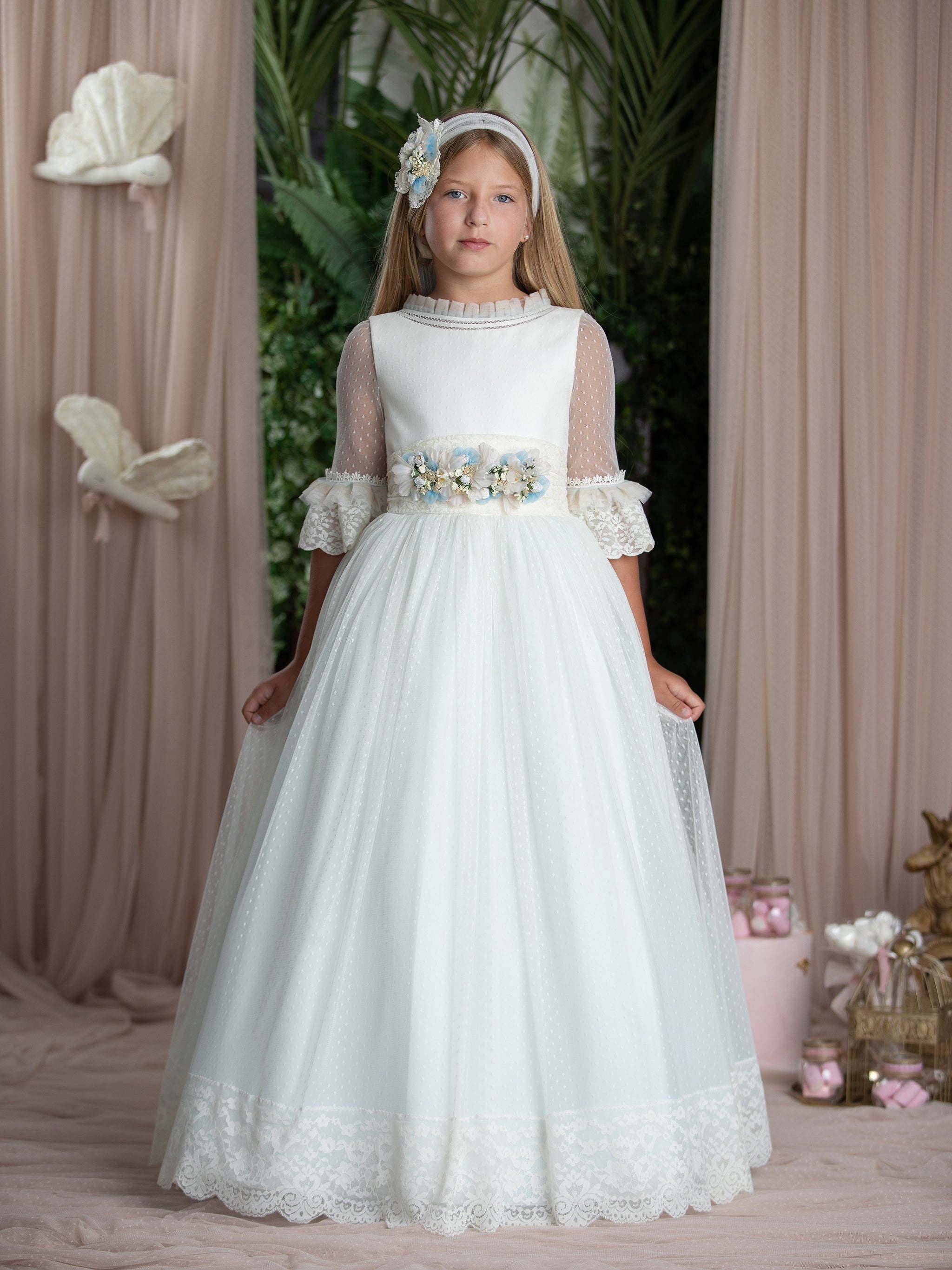 French Sleeves Dotted Tulle Lace Blue Beige Spanish Communion Gown Marla R195 Quick Delivery Pre-order 9 / As in the photo. Ivory / PowderBlue / No French Sleeves Dotted Tulle Lace Blue Beige Spanish Communion Gown Marla R195 Quick Delivery Pre-order 9 / As in the photo. Ivory / PowderBlue / No