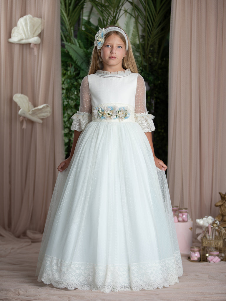 French Sleeves Dotted Tulle Lace Blue Beige Spanish Communion Gown Mar ...