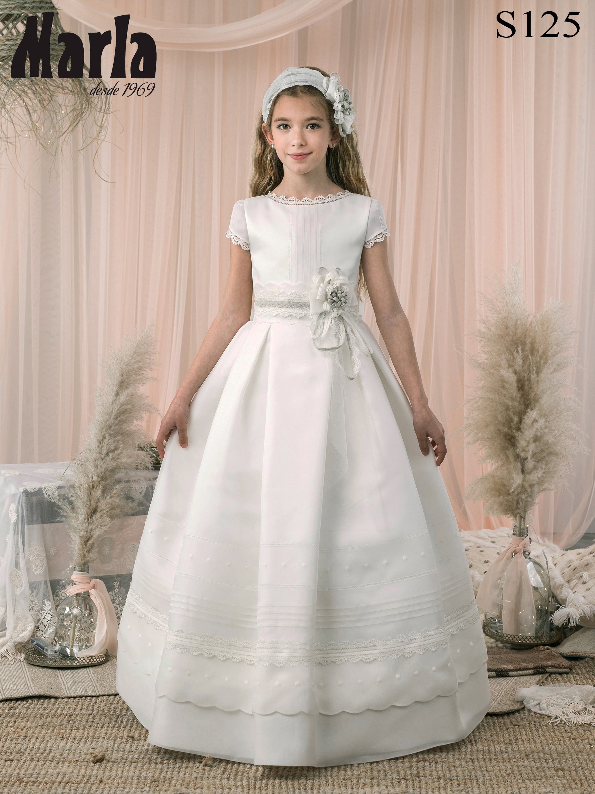white silk communion dresses Puffed Sleeves Lace and Satin First Communion Dress Celestial 3302 Pre-order 2-3 years / As in the photo (Ivory)